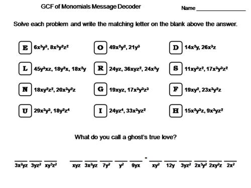 Greatest Common Factor GCF of Monomials Worksheet: Math Message Decoder