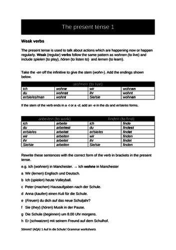 Auf in die Schule GCSE Grammar worksheets Present , Adjectives, Questions, Perfect, Modals