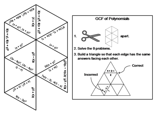 Greatest Common Factor (GCF) of Polynomials Game: Math Tarsia Puzzle