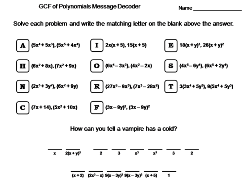 Greatest Common Factor GCF of Polynomials Worksheet: Math Message Decoder