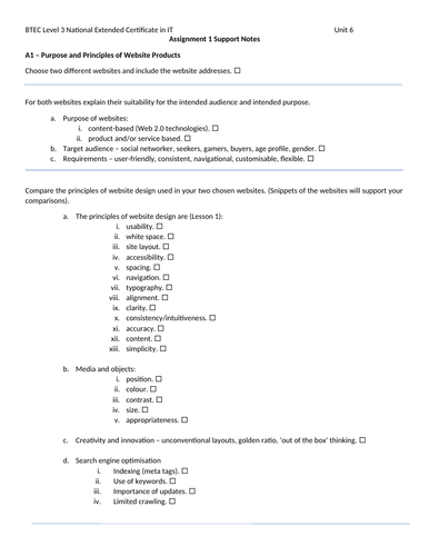 BTEC Extended Certificate in IT Unit 6 Website Development Assignment 1 Guidelines