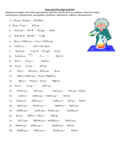 Balancing  Chemical Equations &  Classifying Reaction Types (WITH ANSWERS !!)  GCSE KS3 KS4  A-LEvel