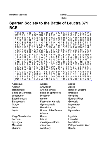 Word Search - Spartan Society to the Battle of Leuctra
