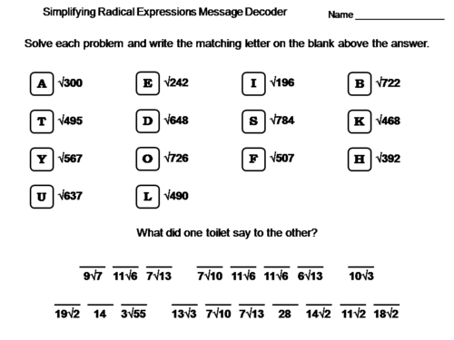 Simplifying Radical Expressions Worksheet: Math Message Decoder