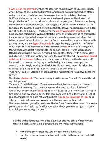 Dr Jekyll and Mr Hyde Mock Exam with sample answer NEW AQA 1-9 SPEC