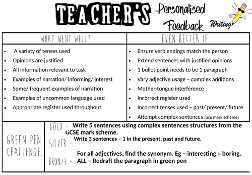 Writing Pupil Feedback Sheet - Save time on teacher marking!