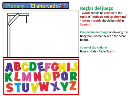 GCSE Spanish - Vocabulary GAME - el ahorcado - Hangman slide