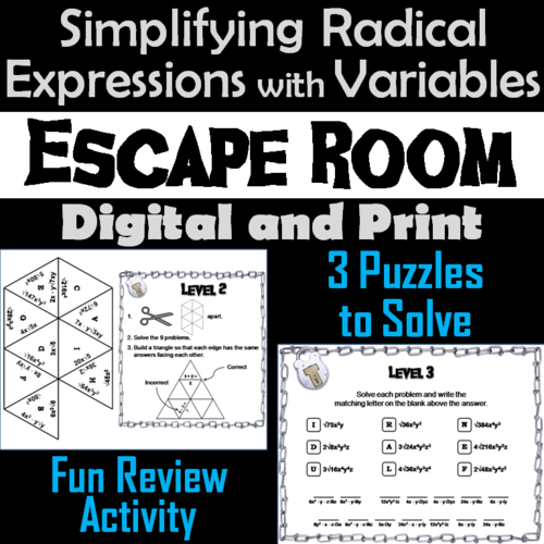 Simplifying Radical Expressions with Variables Game: Escape Room Math Activity