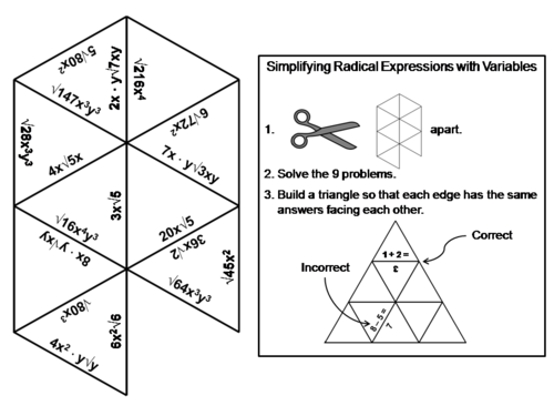 Simplifying Radical Expressions with Variables Game: Math Tarsia Puzzle