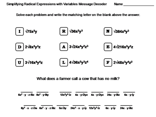 Simplifying Radical Expressions with Variables Worksheet: Math Message Decoder