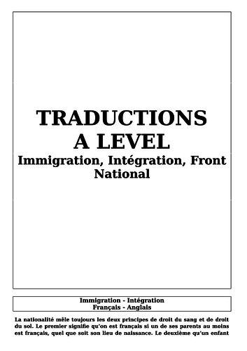 A Level Translation booklet  - Immigration, Intégration, Le Front National