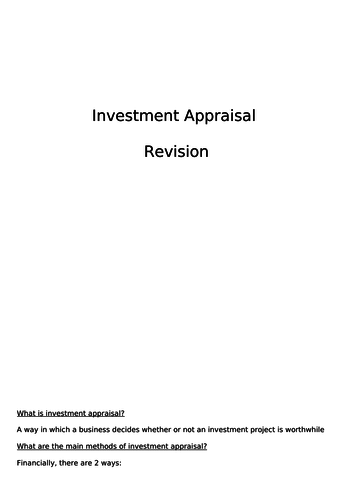 AQA Accounting - Investment appraisal revision pack