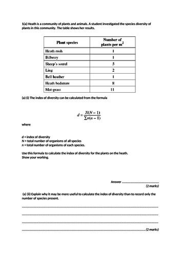 Biodiversity index lesson, A Level Biology, AQA, 7401/7402