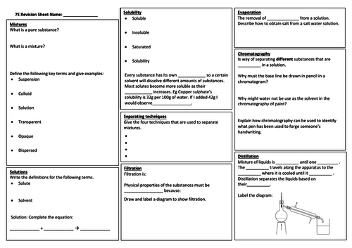 Exploring Science 7E Mixtures and Separation Revision broadsheet