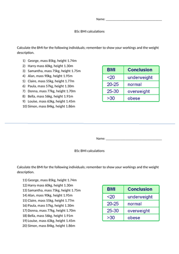 Edexcel CB5c BMI calculations worksheet