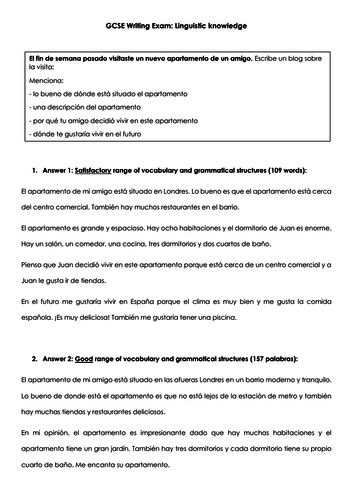 Gcse Spanish Writing Model Answers House And Local Area Three Differentiated Model Answers Teaching Resources