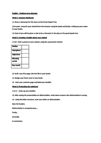 The Great Kapok tree  scheme of work (6 weeks)