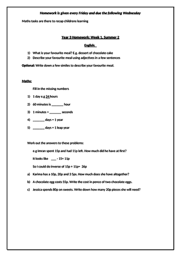 Year 3- 6 weeks of Maths and English