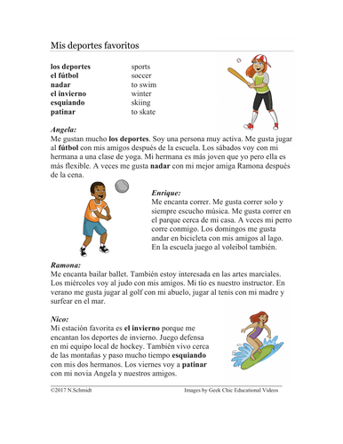 Mis deportes favoritos Lectura - My Favorite Sports Spanish Reading + Worksheet