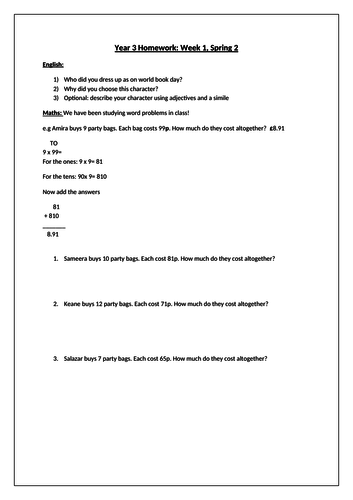 Year 3 Summer homework 6 weeks