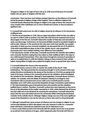 Cromwell's responsibility in the English Reformation Plan