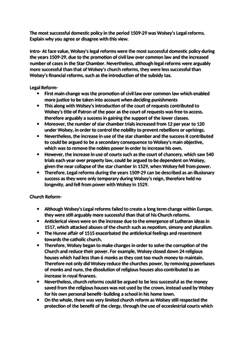 Wolsey's Domestic Policies Essay Plan