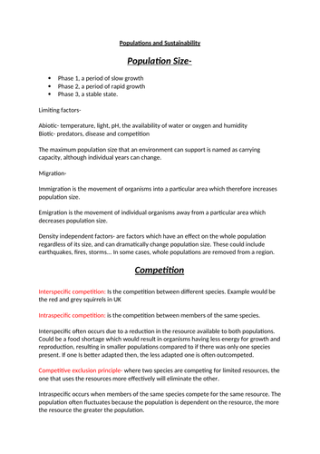 Populations and Sustainability Revision