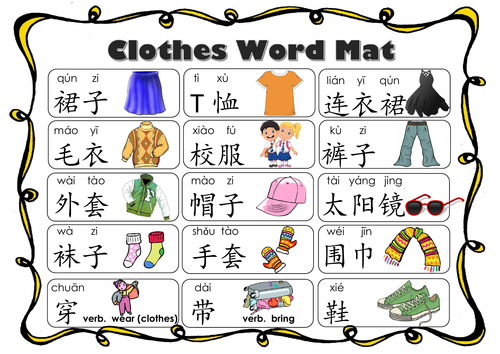 Clothes_Word Mat in Mandarin Chinese