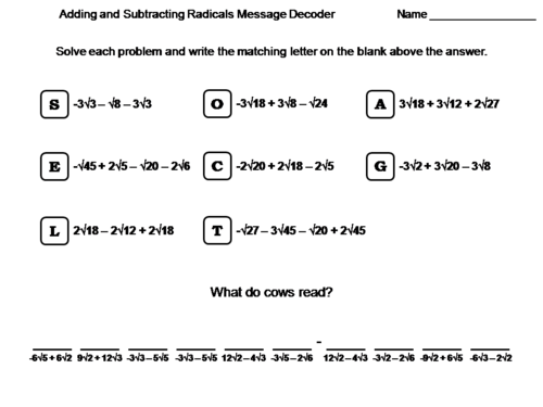 Adding and Subtracting Radicals Worksheet: Math Message Decoder