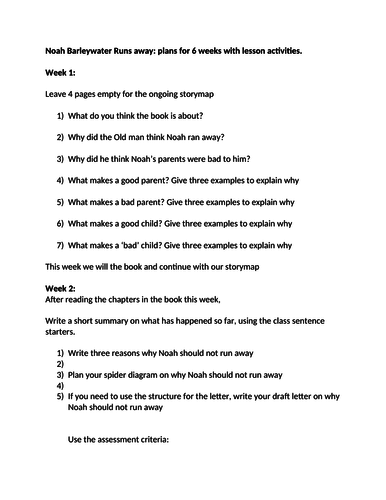 Noah Barleywater runs away scheme of work 6 weeks of work 5 lessons each