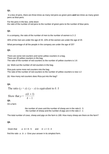 New grade 9-1 ratio questions for homework or classwork