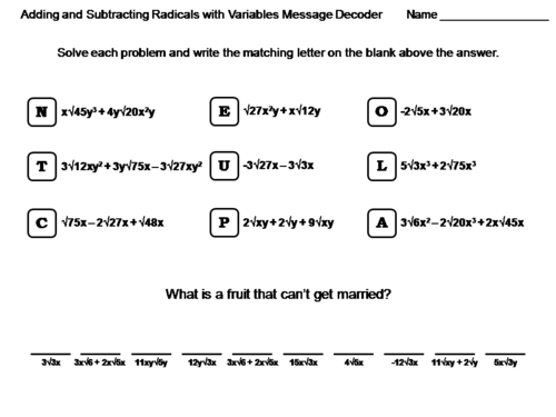 Adding and Subtracting Radicals with Variables Worksheet: Math Message Decoder