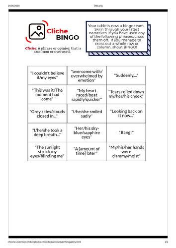 Narrative Writing: Cliche Bingo