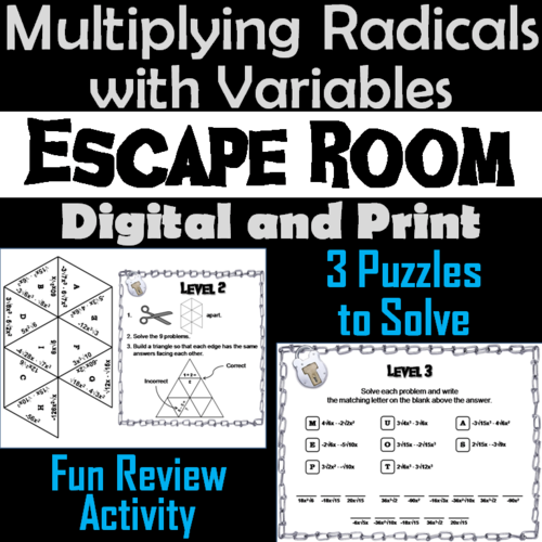 Multiplying Radicals with Variables Game: Escape Room Math Activity