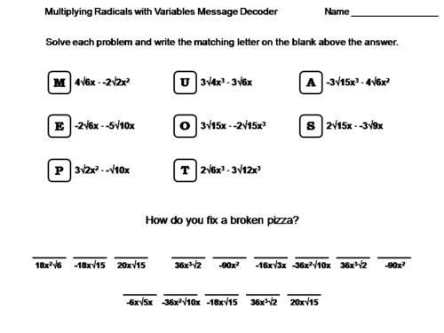 Multiplying Radicals with Variables Worksheet: Math Message Decoder