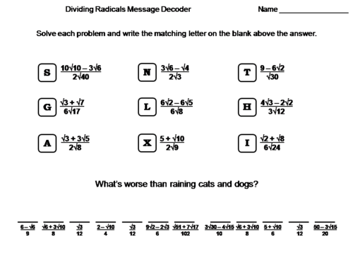 Dividing Radicals Worksheet: Math Message Decoder