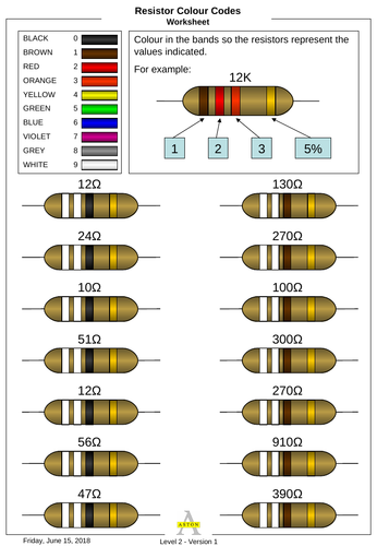 Resistor identification colouring worksheets (ten differentiated exercises)