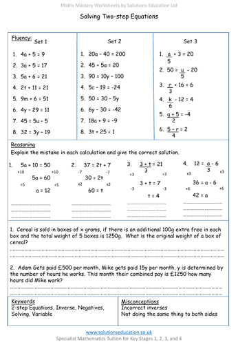 Solving 2 Step Equations Mastery Worksheet