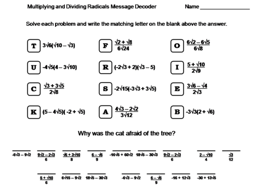 Multiplying And Dividing Radicals Worksheet Math Message Decoder Teaching Resources