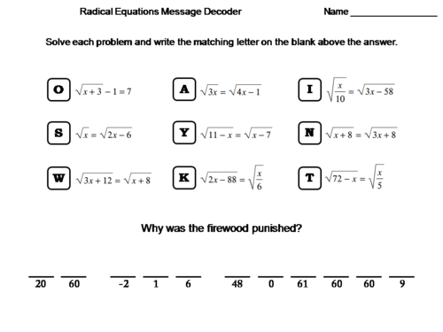 Solving Radical Equations Worksheet: Math Message Decoder | Teaching