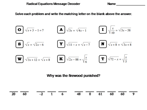 Solving Radical Equations Worksheet Math Message Decoder Teaching Resources