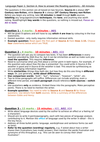 Aqa Gcse 9 1 English Language Paper 2 Section A Reading How To Answer Model Answer Teaching Resources