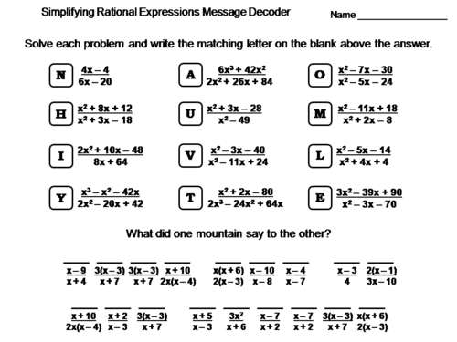 Simplifying Rational Expressions Worksheet: Math Message Decoder | Teaching Resources