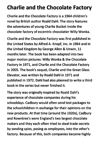 Charlie and the Chocolate Factory Handout