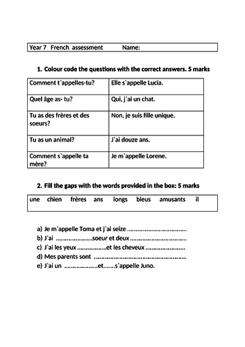 Year 6 or weak year  7 French assessment