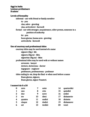 Oggi In Italia Lezione Preliminare Study Guide Teaching Resources