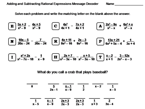 Adding and Subtracting Rational Expressions Worksheet: Math Message Decoder