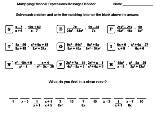 Multiplying Rational Expressions Worksheet: Math Message Decoder