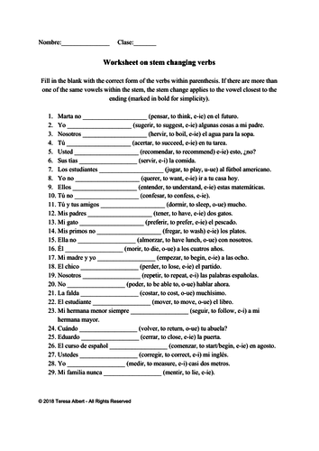 Spanish Worksheet On Conjugation Of Stem Changing Verbs No Prep 