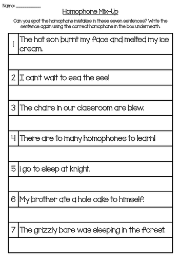 Year 2 Homophone Mix Up Worksheet